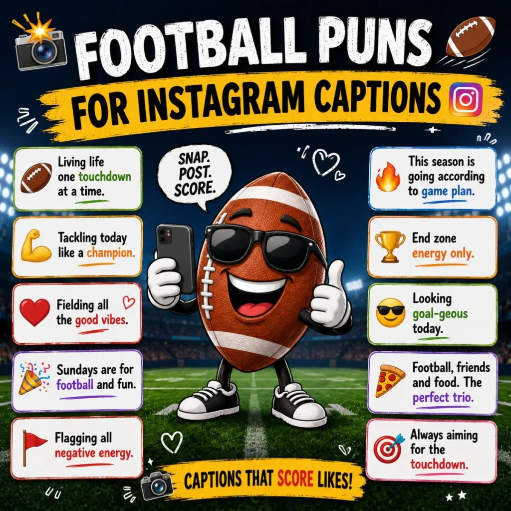 Football puns for Instagram captions image with a smiling football mascot and funny game-day caption ideas