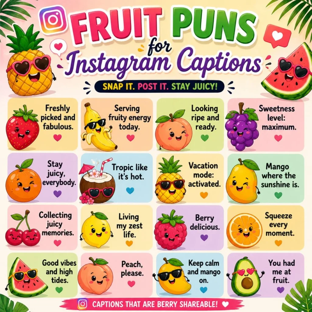 Colorful fruit puns for Instagram captions infographic with cute cartoon fruits and funny social media captions