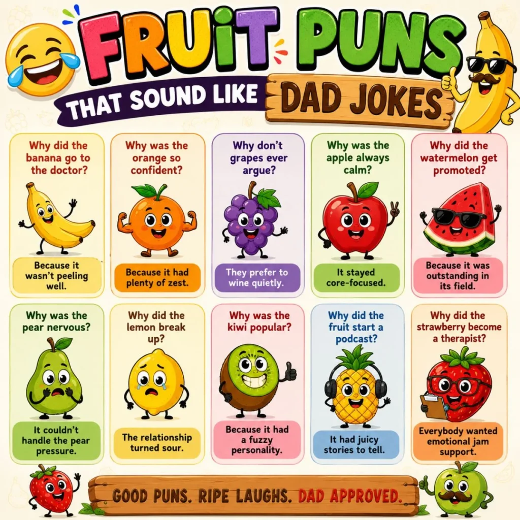 Funny fruit puns that sound like dad jokes infographic with cute cartoon fruits and humorous one-liner jokes