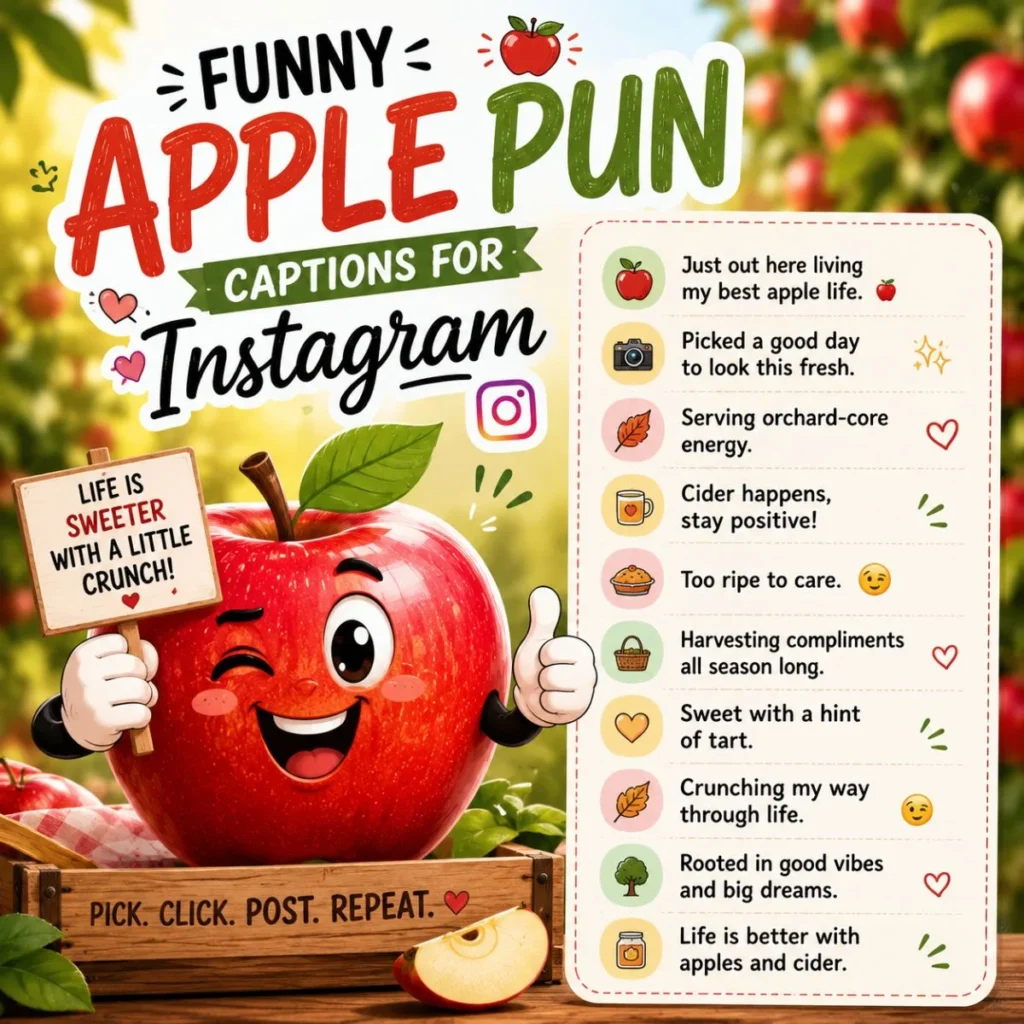 Funny apple pun captions for Instagram with cartoon apple and social media-inspired orchard design