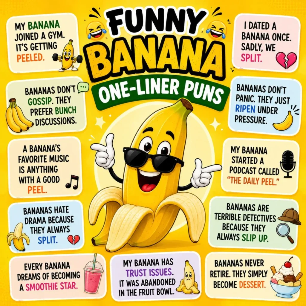 Funny banana one-liner puns image with a cool cartoon banana and humorous joke quotes for social media and blogs