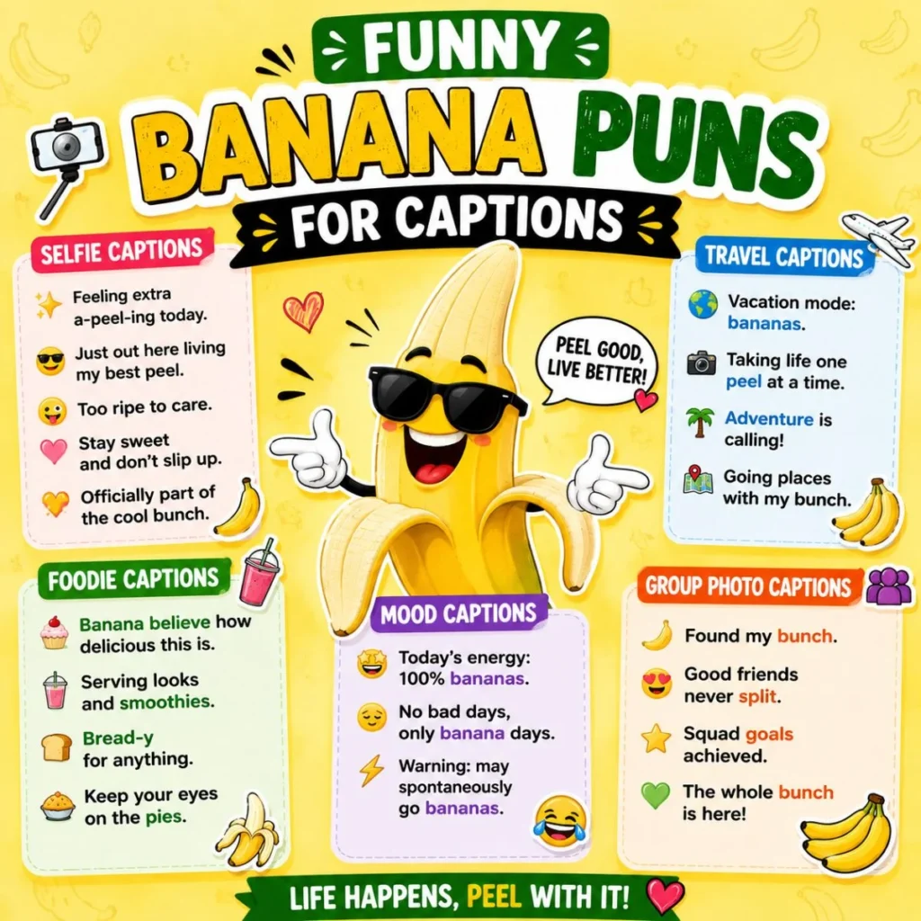 Funny banana puns for captions image with a cartoon banana and social media caption ideas for selfies and photos