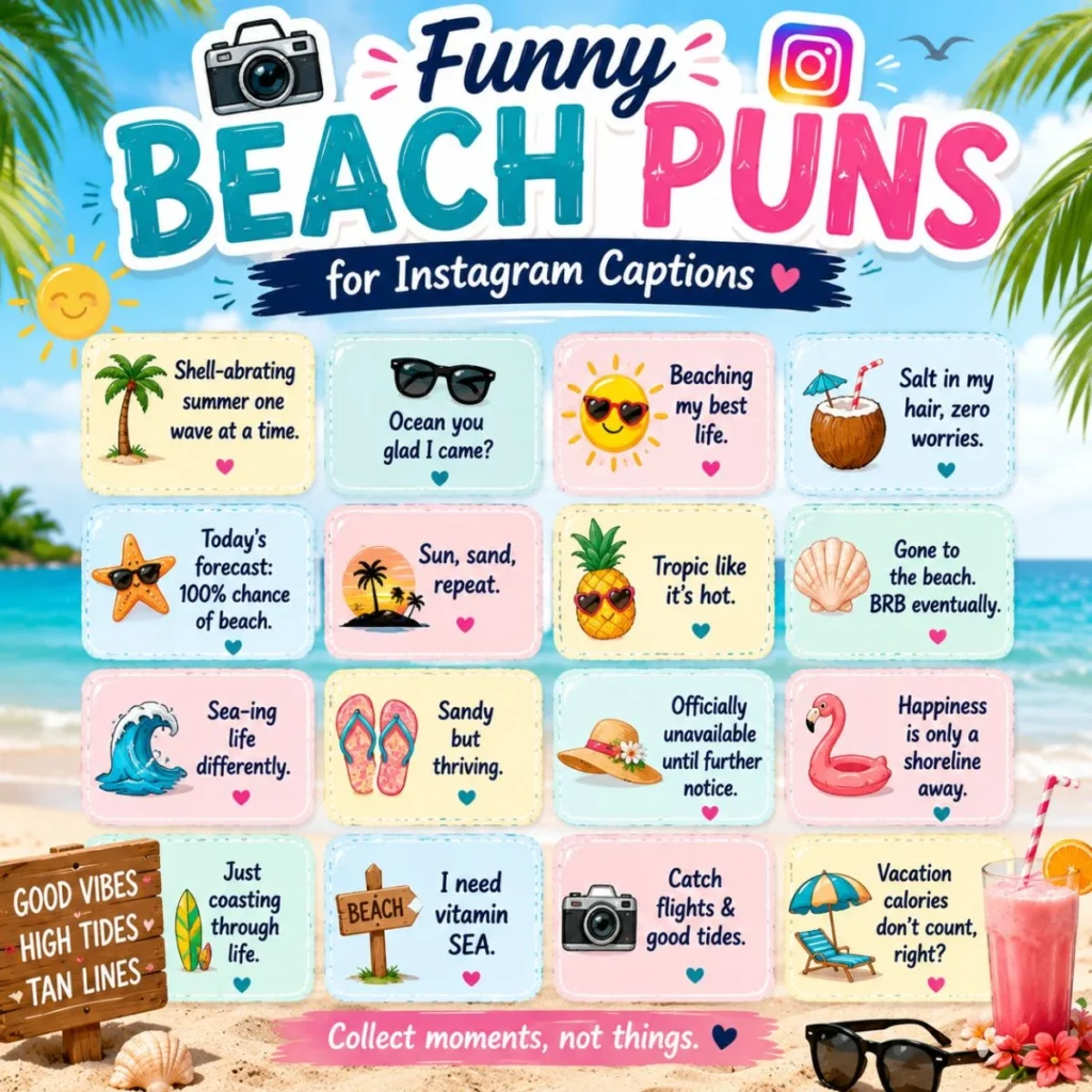 Colorful funny beach puns for Instagram captions infographic with tropical icons, summer quotes, and beach vibes