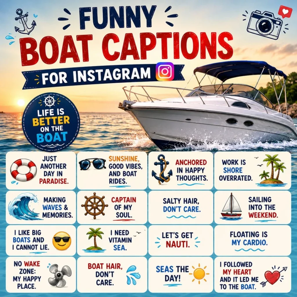 Funny boat captions for Instagram featuring a speedboat, sunset ocean view, and witty nautical quotes for social media.