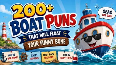 Funny boat puns illustration featuring a smiling cartoon boat, ocean waves, and nautical jokes for boating humor lovers.