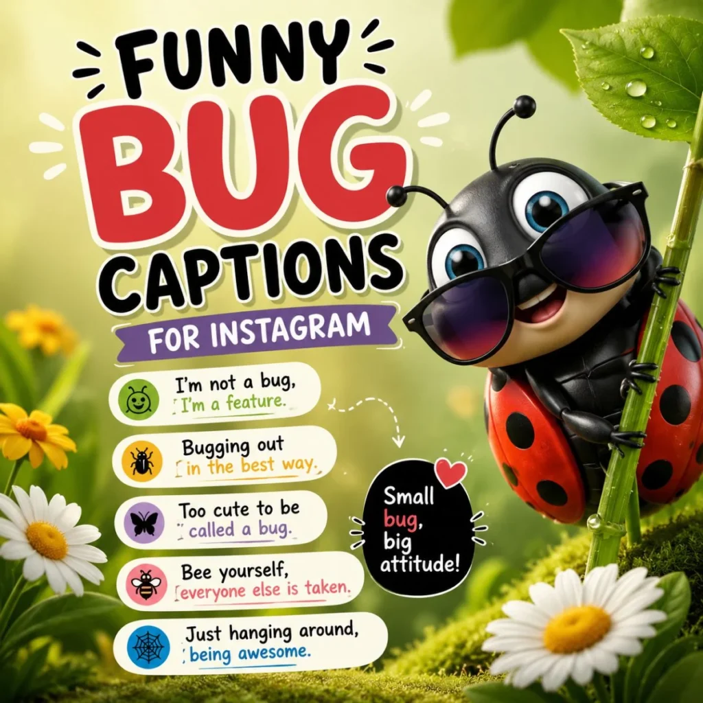Cute cartoon ladybug with sunglasses and funny bug captions for Instagram in a colorful garden illustration