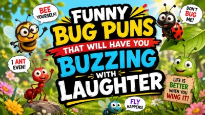 Funny bug puns with cute cartoon bee, ladybug, ant, and grasshopper in a colorful garden illustration