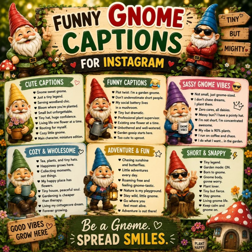 Funny gnome Instagram captions poster with colorful garden gnomes, flowers, and cozy caption ideas
