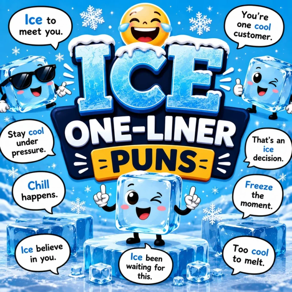 Cute cartoon ice cubes with funny ice one-liner puns, speech bubbles, and snowy background in a playful winter design.