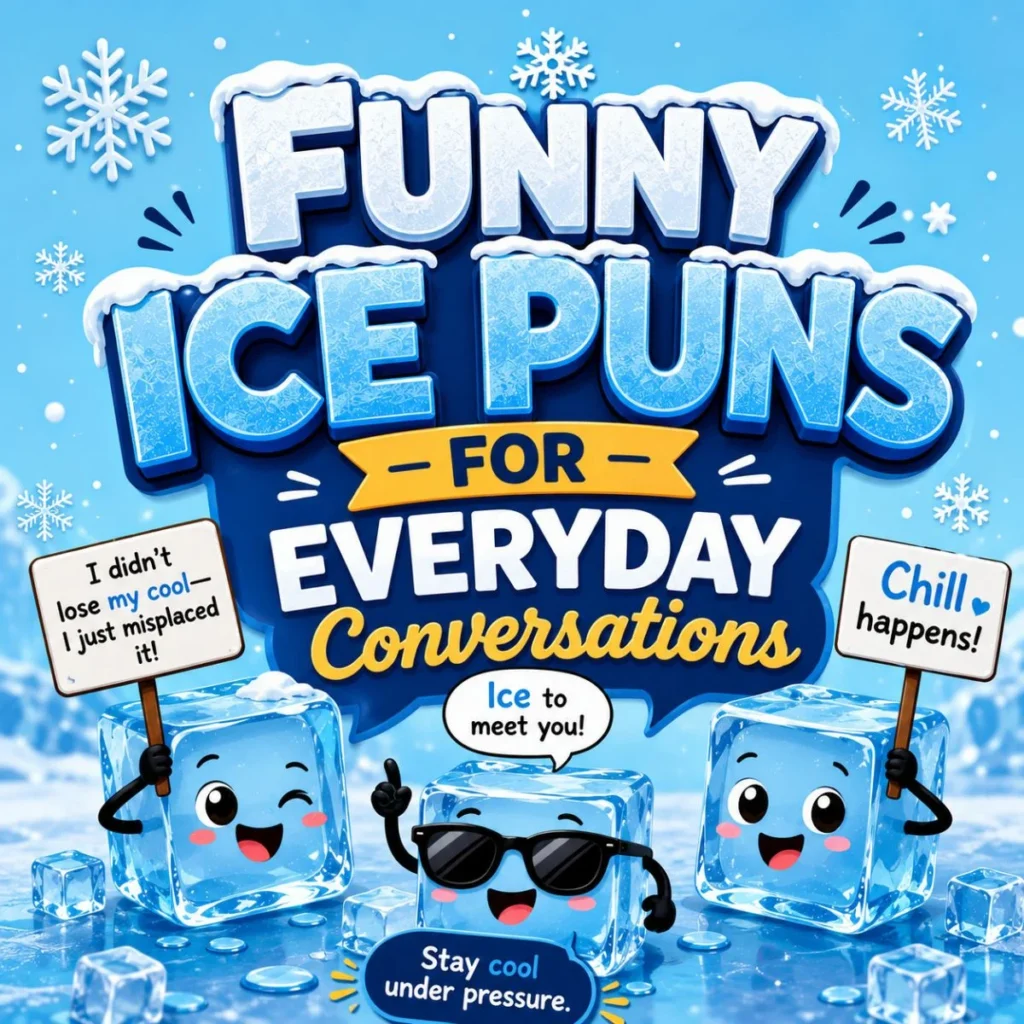 Cute cartoon ice cubes with funny signs and everyday ice puns on a snowy blue background for lighthearted conversations.