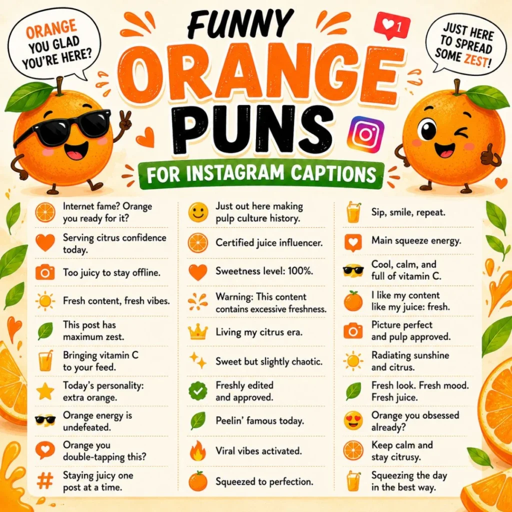 Funny orange puns for Instagram captions infographic with cute orange characters and shareable social media jokes