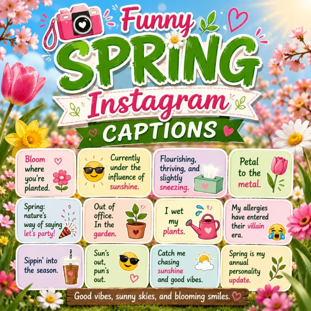 Funny spring Instagram captions graphic with colorful flowers, social media quotes, and playful typography.