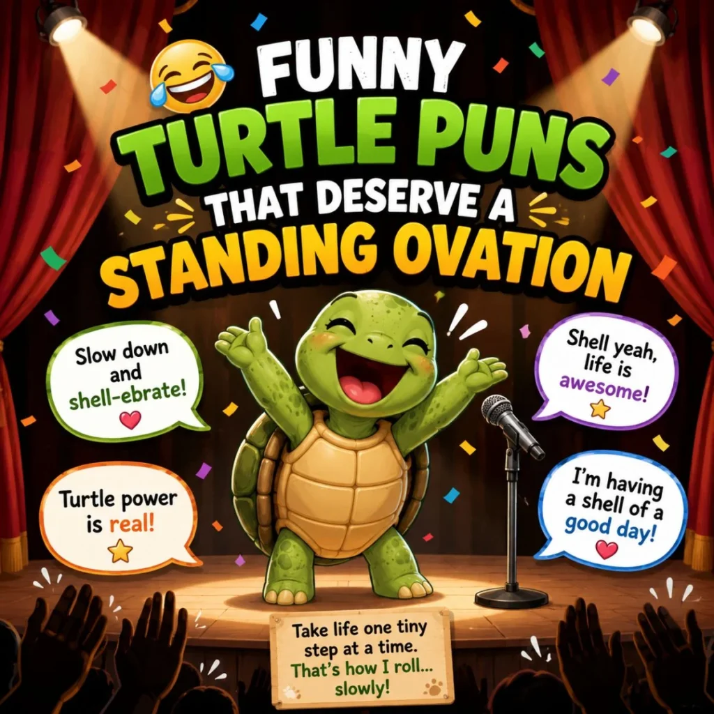 Funny turtle puns cartoon with a smiling turtle on stage receiving applause for shell-themed jokes and clever wordplay