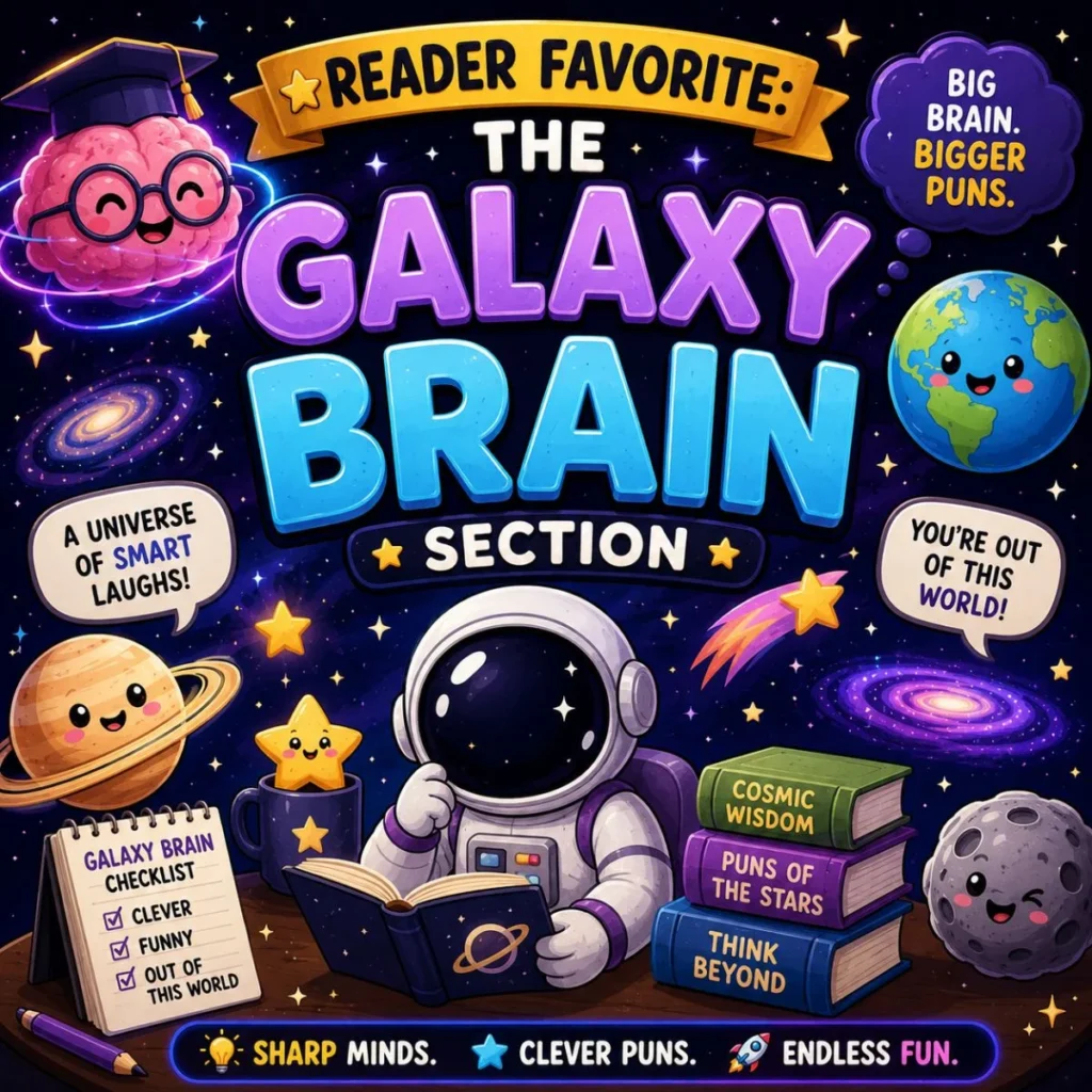 Galaxy Brain space puns poster with astronaut, planets, brain character, and clever cosmic humor