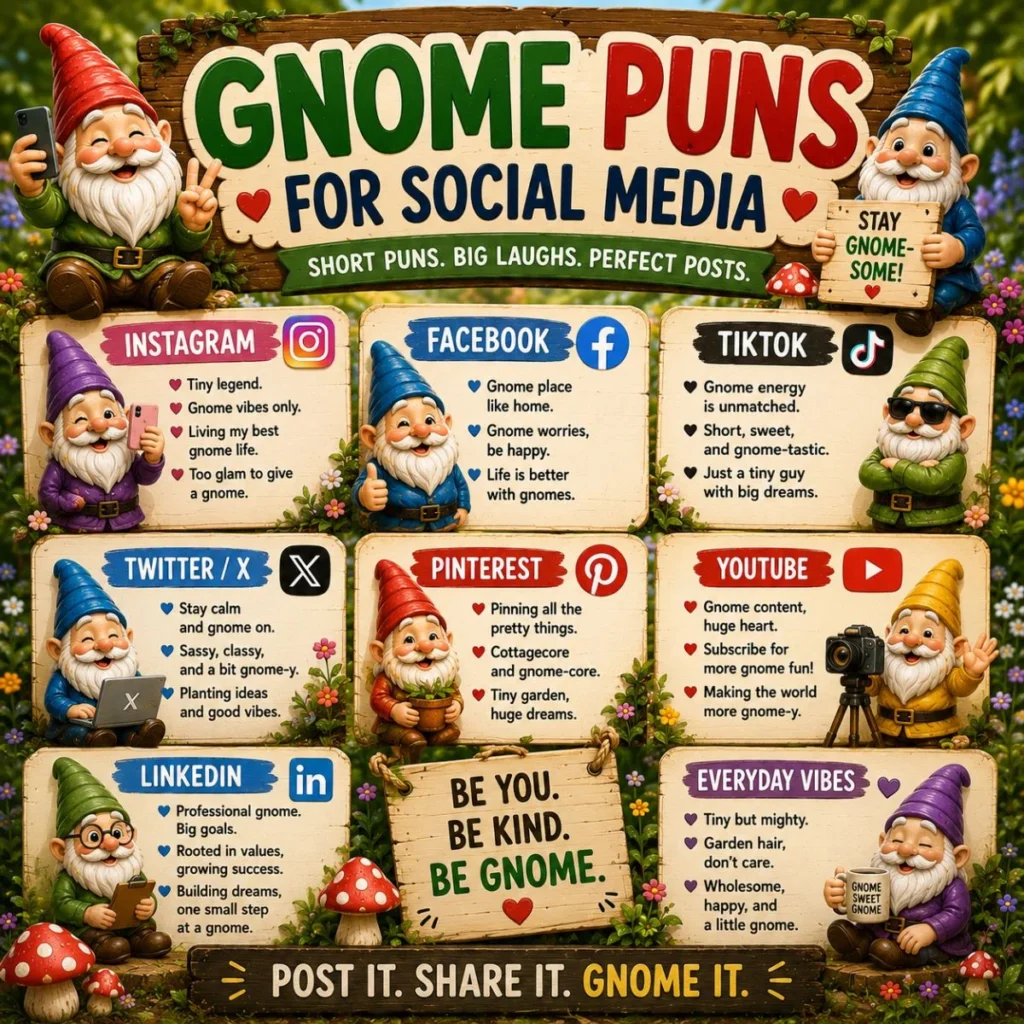 Gnome puns for social media poster with colorful garden gnomes, flowers, and social media caption ideas
