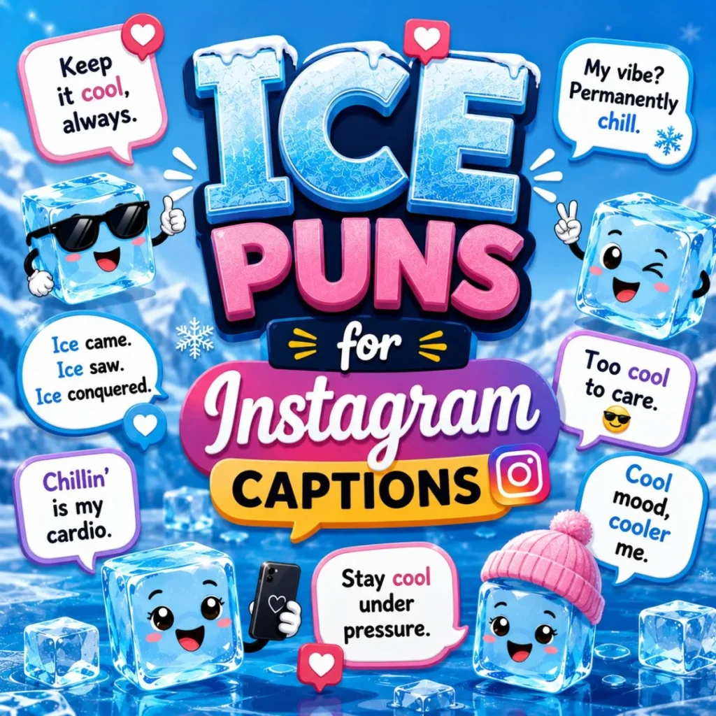 Cute cartoon ice cubes with funny ice puns and Instagram caption ideas on a snowy blue background.