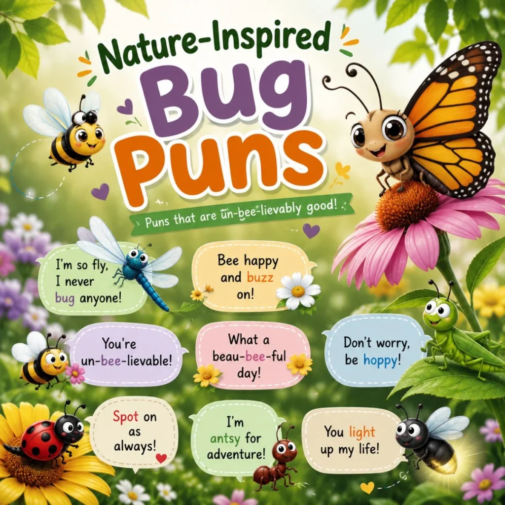Cute insects and colorful flowers with nature-inspired bug puns in a bright garden illustration