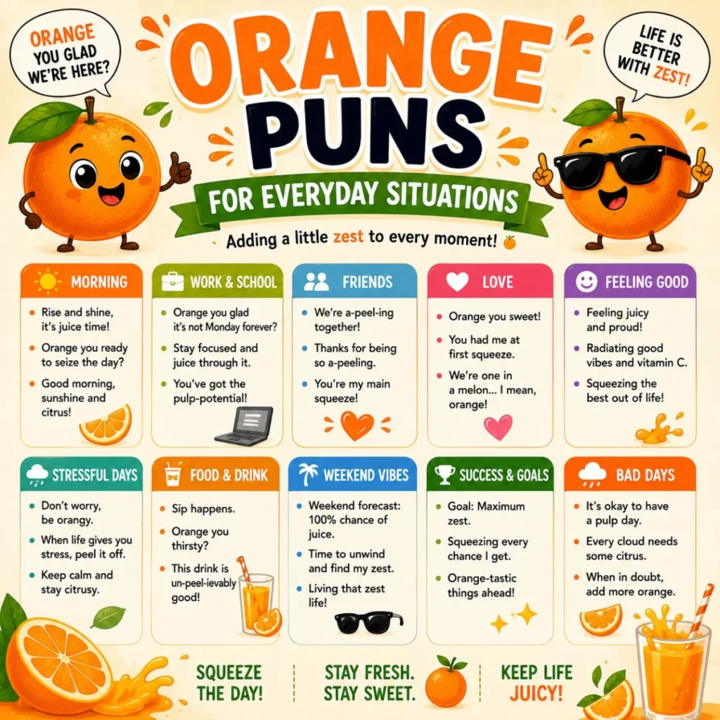 Funny orange puns for everyday situations infographic with cute orange characters and relatable citrus jokes