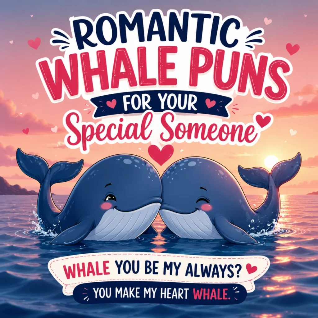 Cute romantic whales at sunset with sweet whale puns for couples, love messages, and Valentine's Day laughs