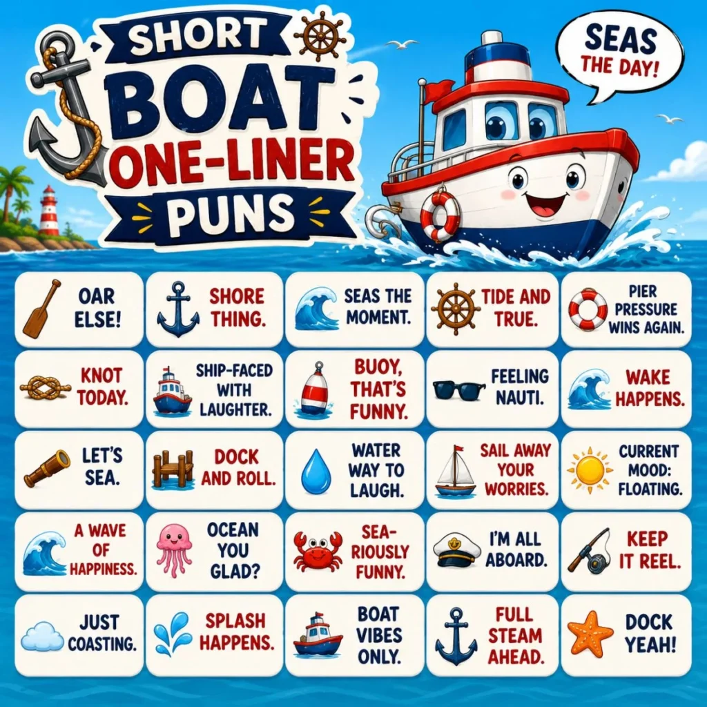 Short boat one-liner puns poster with a smiling cartoon boat, nautical icons, and funny ocean-themed jokes.