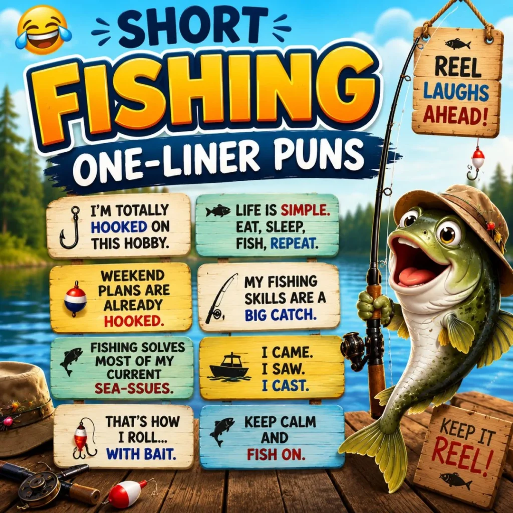 Colorful short fishing one-liner puns graphic with a cartoon fish, fishing rod, and funny fishing jokes.