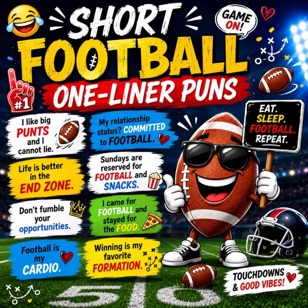 Funny short football one-liner puns image with a cartoon football mascot and colorful game-day jokes