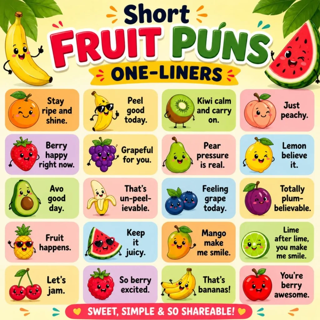 Colorful short fruit puns one-liners infographic with cute cartoon fruits and funny captions for social media