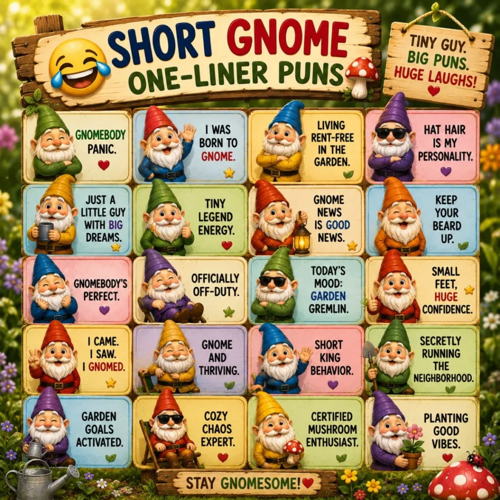 Short gnome one-liner puns poster with colorful garden gnomes, funny quotes, and whimsical garden humor