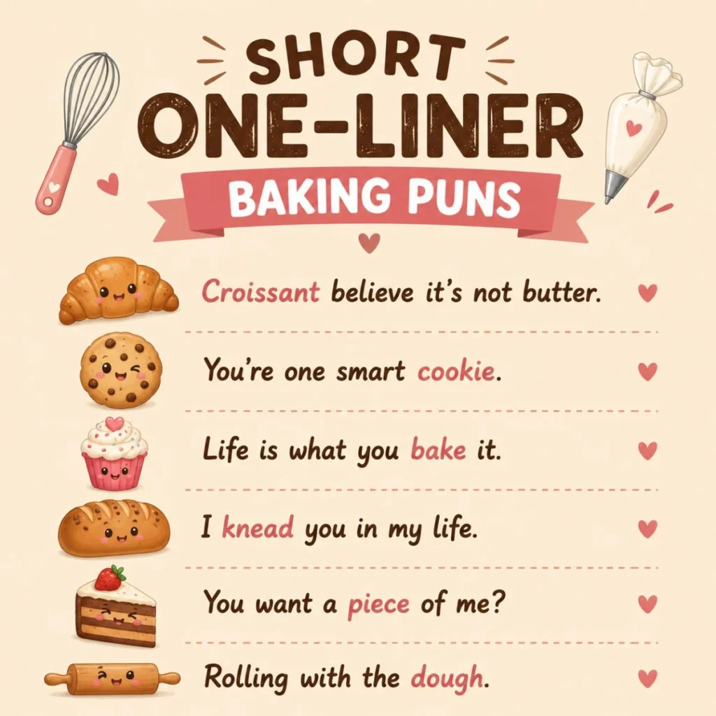 Cute short one-liner baking puns infographic with smiling croissant, cookie, cupcake, bread, cake, and rolling pin illustrations.