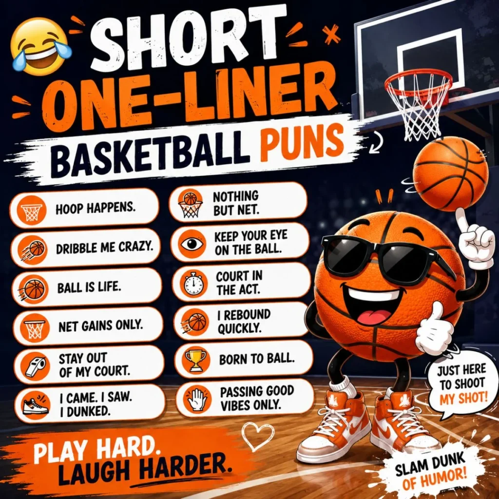 Funny short one-liner basketball puns graphic with cartoon basketball character and humorous captions