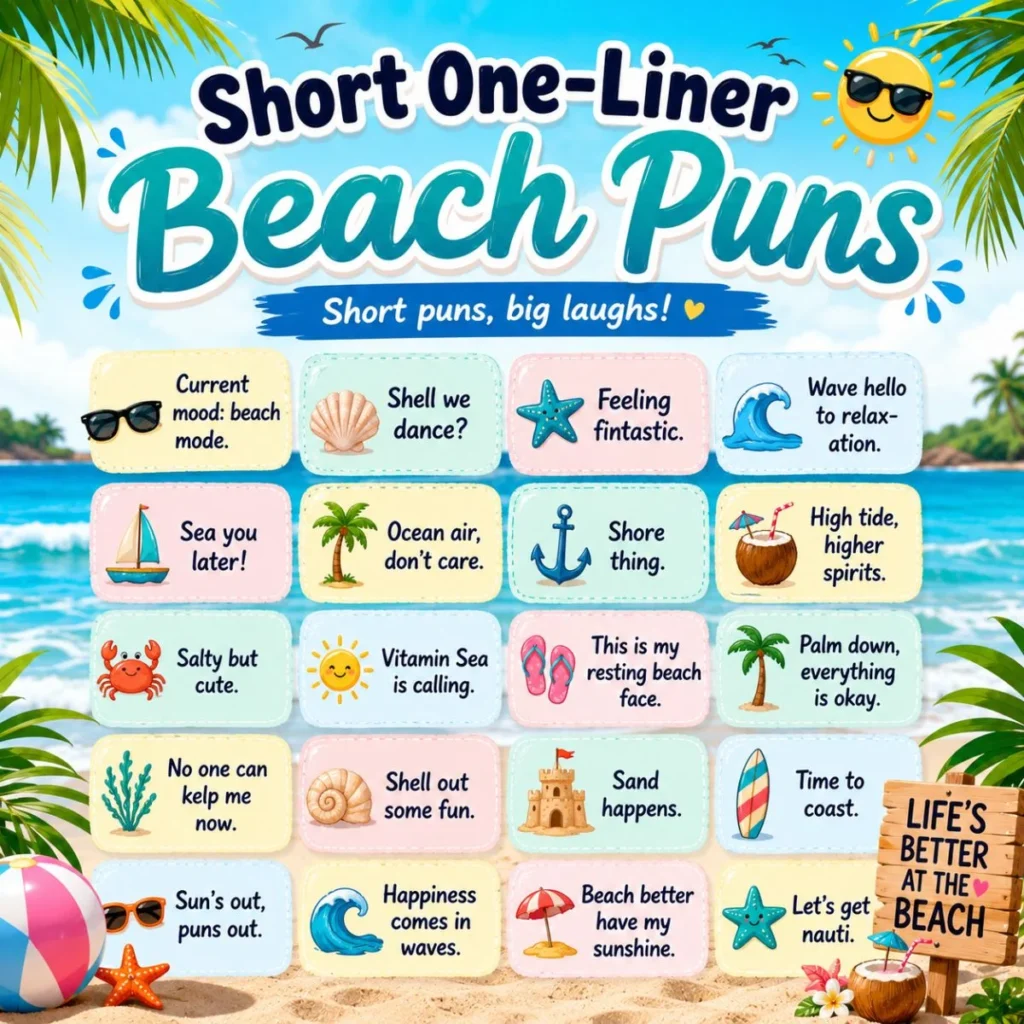 Colorful short one-liner beach puns infographic with funny summer quotes, ocean icons, and tropical beach scenery