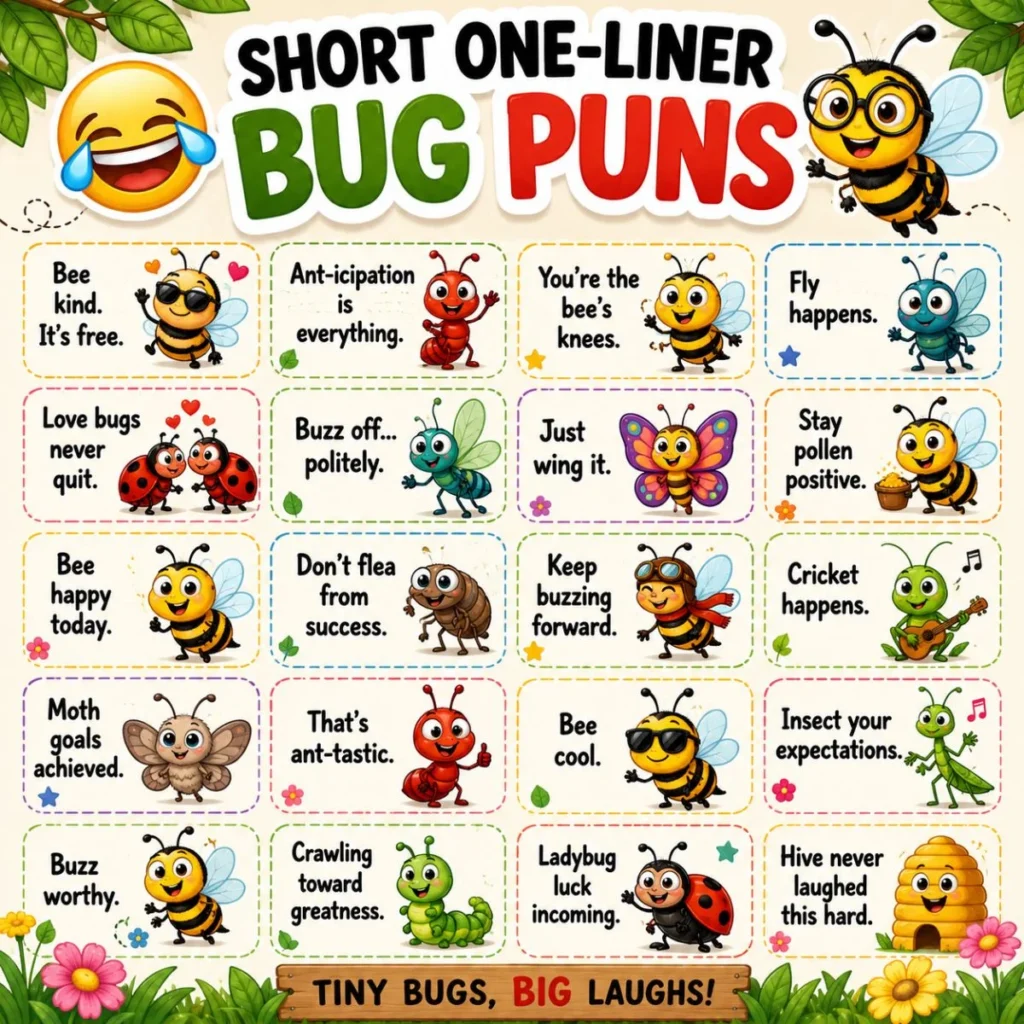 Short one-liner bug puns with cute cartoon bees, ants, ladybugs, and funny insect jokes for all ages