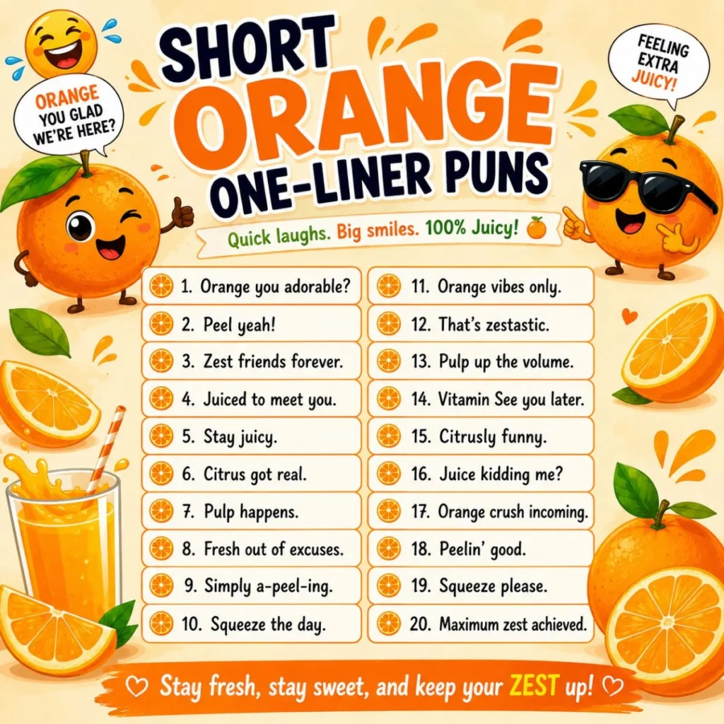 Funny short orange one-liner puns infographic with cute oranges, citrus jokes, and shareable captions for social media