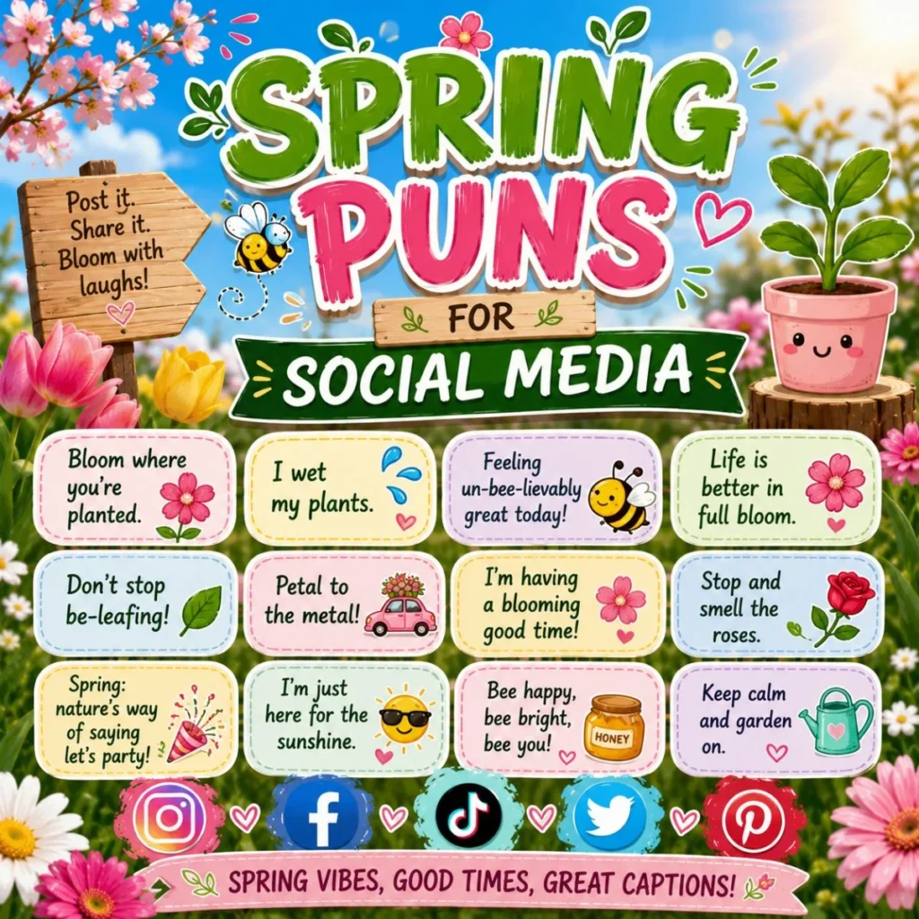 Spring puns for social media graphic with colorful flowers, captions, and playful social icons.