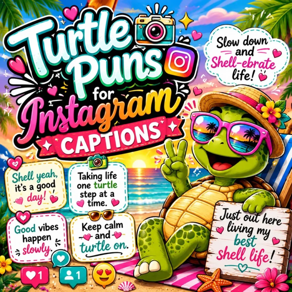 Turtle puns for Instagram captions with a smiling cartoon turtle on a tropical beach sharing funny shell-themed quotes