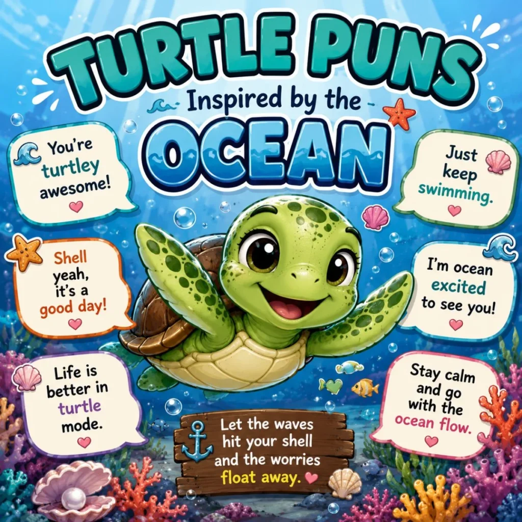Ocean-inspired turtle puns with a happy sea turtle swimming among coral, fish, and playful underwater shell-themed jokes