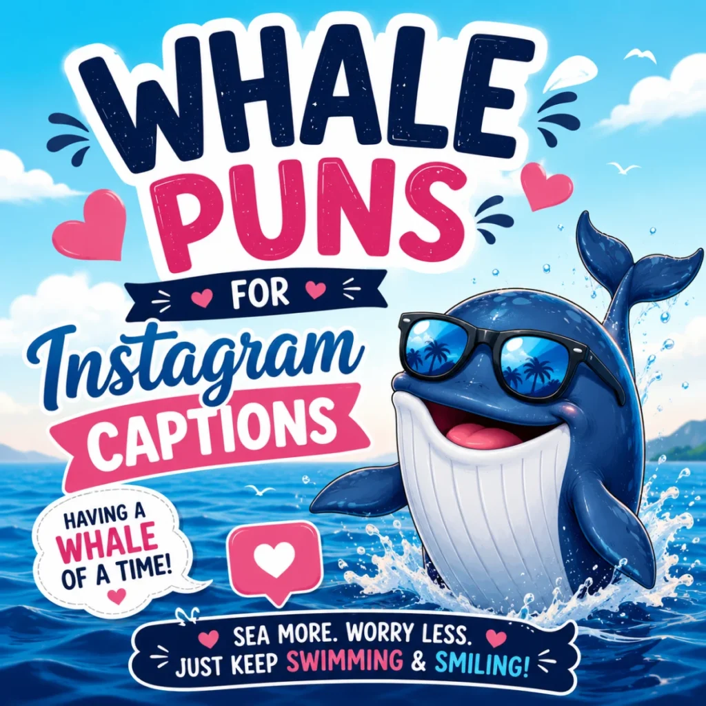 Cute whale wearing sunglasses with fun whale puns for Instagram captions on a bright ocean background