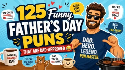 Colorful Father's Day graphic featuring a smiling dad, funny Father's Day puns, grilling, coffee, and dad joke illustrations.