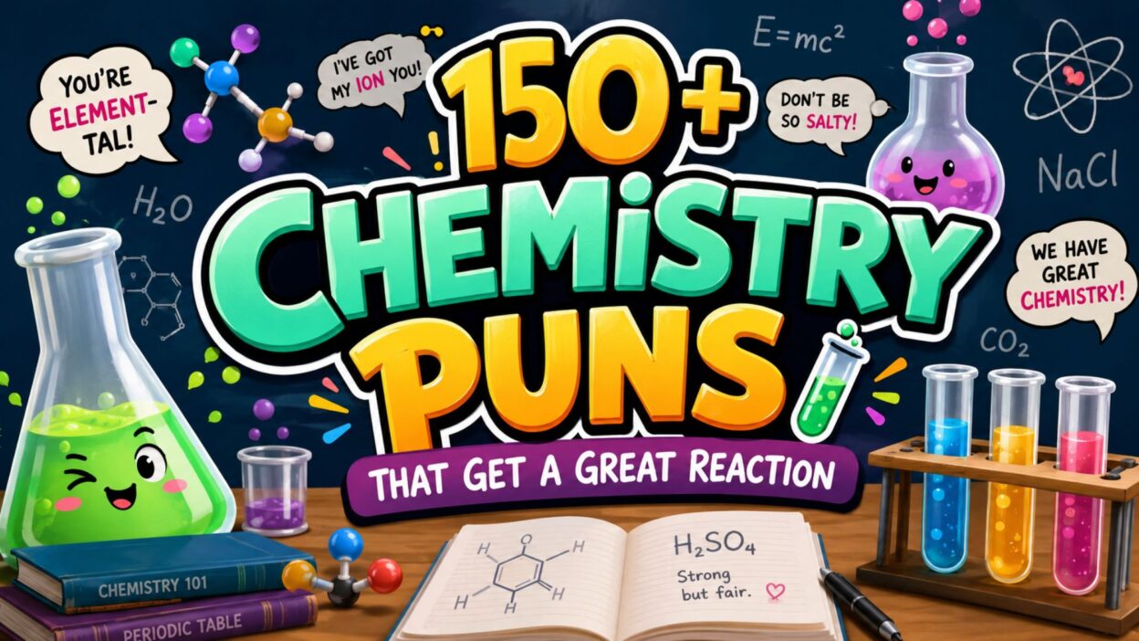 150+ Chemistry Puns That Get a Great Reaction with colorful lab flasks, test tubes, molecules, and funny science jokes