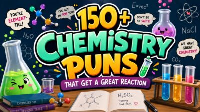 150+ Chemistry Puns That Get a Great Reaction with colorful lab flasks, test tubes, molecules, and funny science jokes