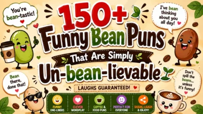 Colorful cartoon poster featuring funny bean puns, smiling coffee beans, and playful wordplay for coffee lovers and humor fans.
