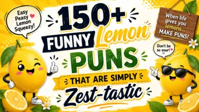 Colorful illustration of smiling lemons with funny lemon puns and playful citrus wordplay on a bright yellow background.