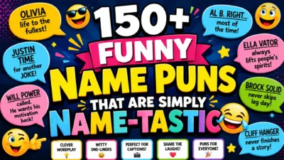 Colorful featured image for 150+ funny name puns with witty wordplay, playful speech bubbles, and smiling emojis for laughs