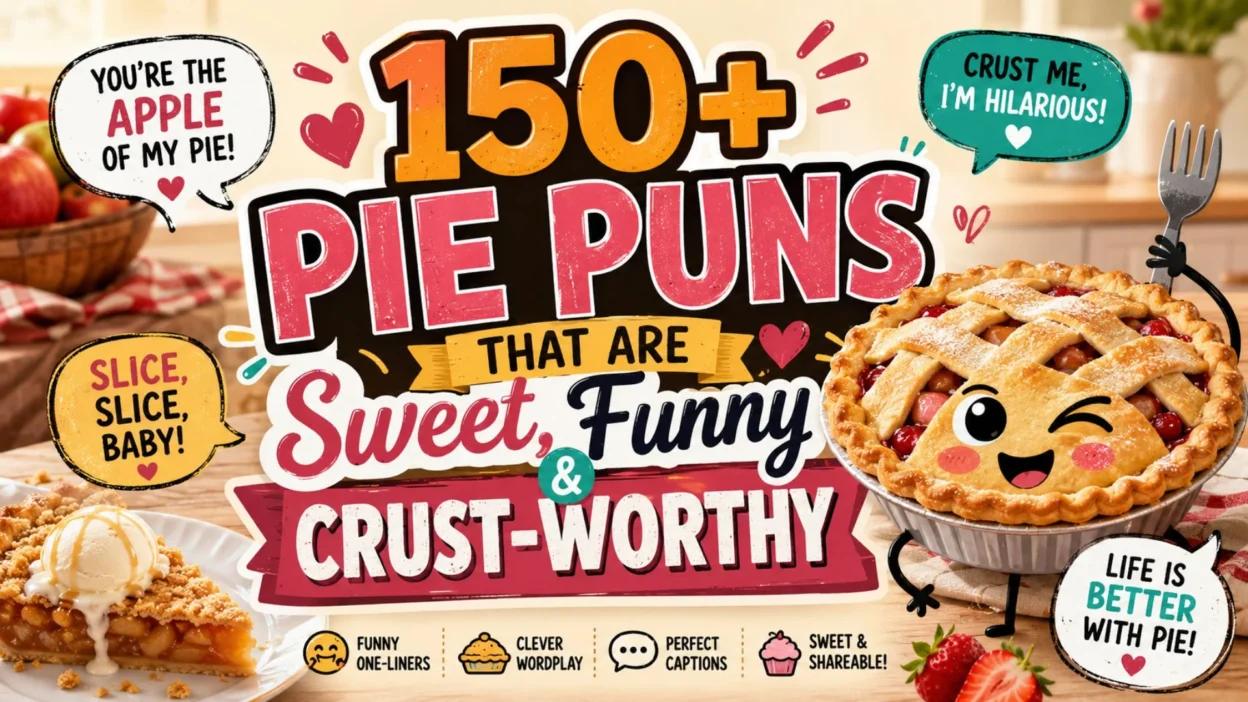 Colorful illustration featuring funny pie puns, smiling pies, and sweet dessert jokes with playful typography and baked treats.