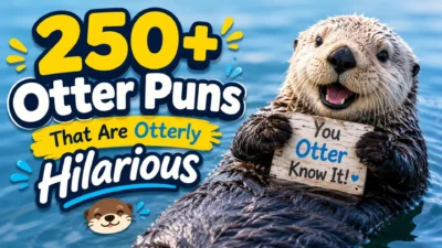 Happy sea otter holding a funny sign with 250+ Otter Puns That Are Otterly Hilarious over a bright blue water background.