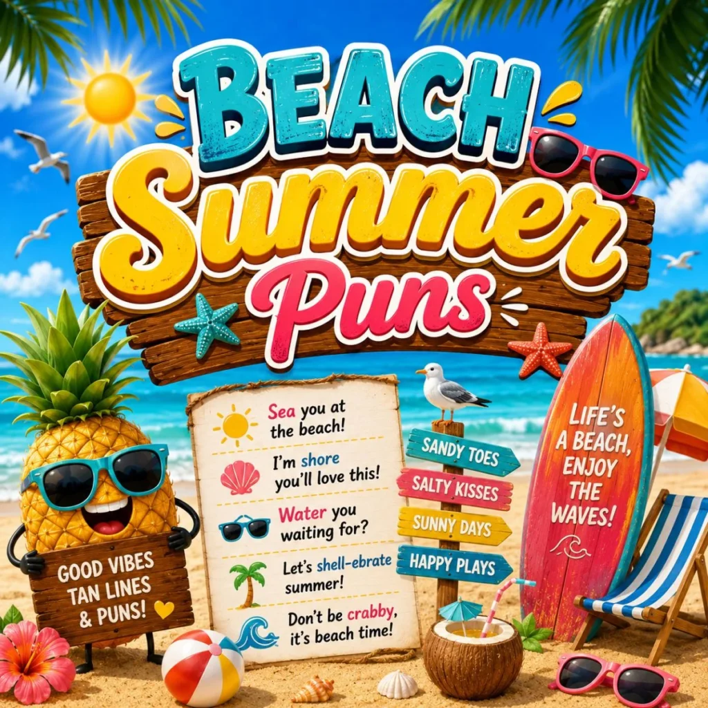 Beach summer puns illustration with a smiling pineapple, surfboard, sandy beach, tropical drinks, and sunny ocean vibes