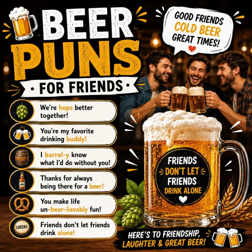 Beer puns for friends poster with friends toasting beer mugs, a frothy pint, and funny friendship beer quotes.
