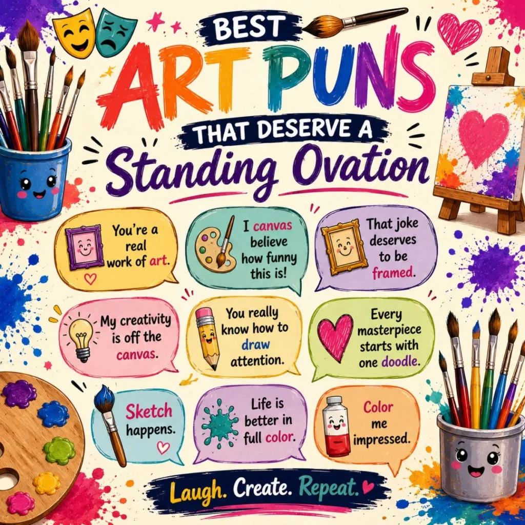 Best art puns illustration with colorful paintbrushes, palette, speech bubbles, and funny creative art jokes