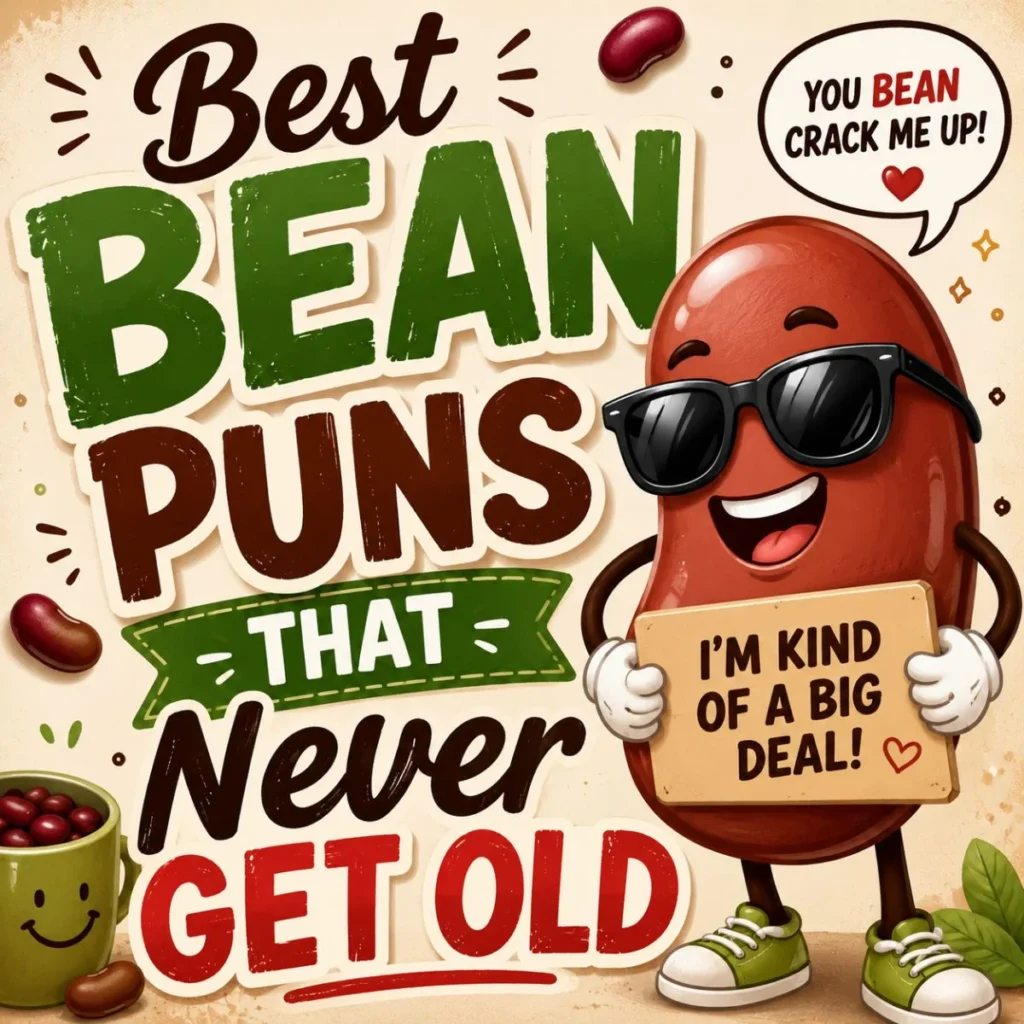 Funny bean puns illustration with a smiling cartoon bean and playful typography for a humor article thumbnail