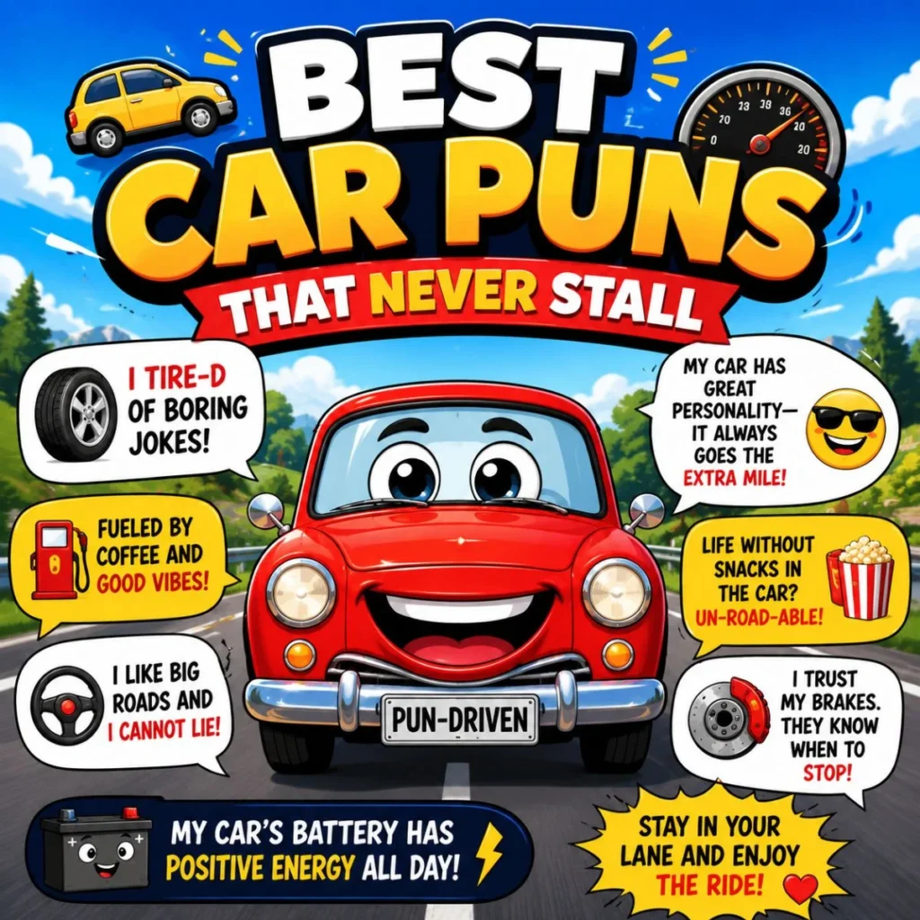 Smiling cartoon car with the best car puns, funny speech bubbles, and colorful road-themed illustrations.